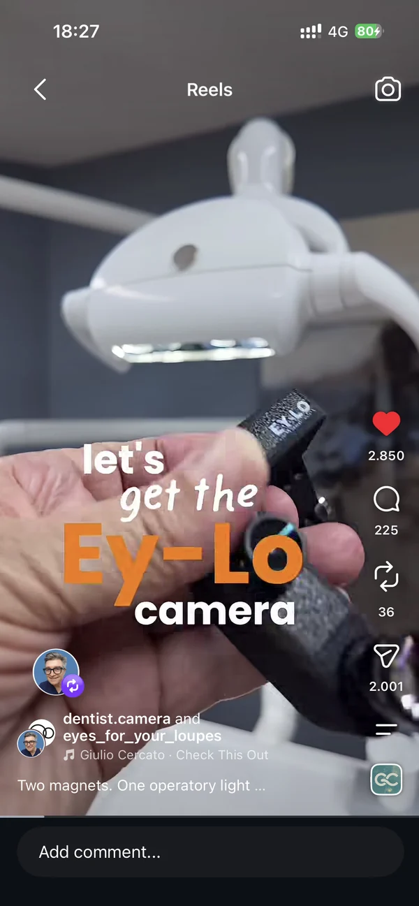 Instagram-Reel: der EY-LO Magnethalter an der Behandlungsleuchte, 2.850 Likes