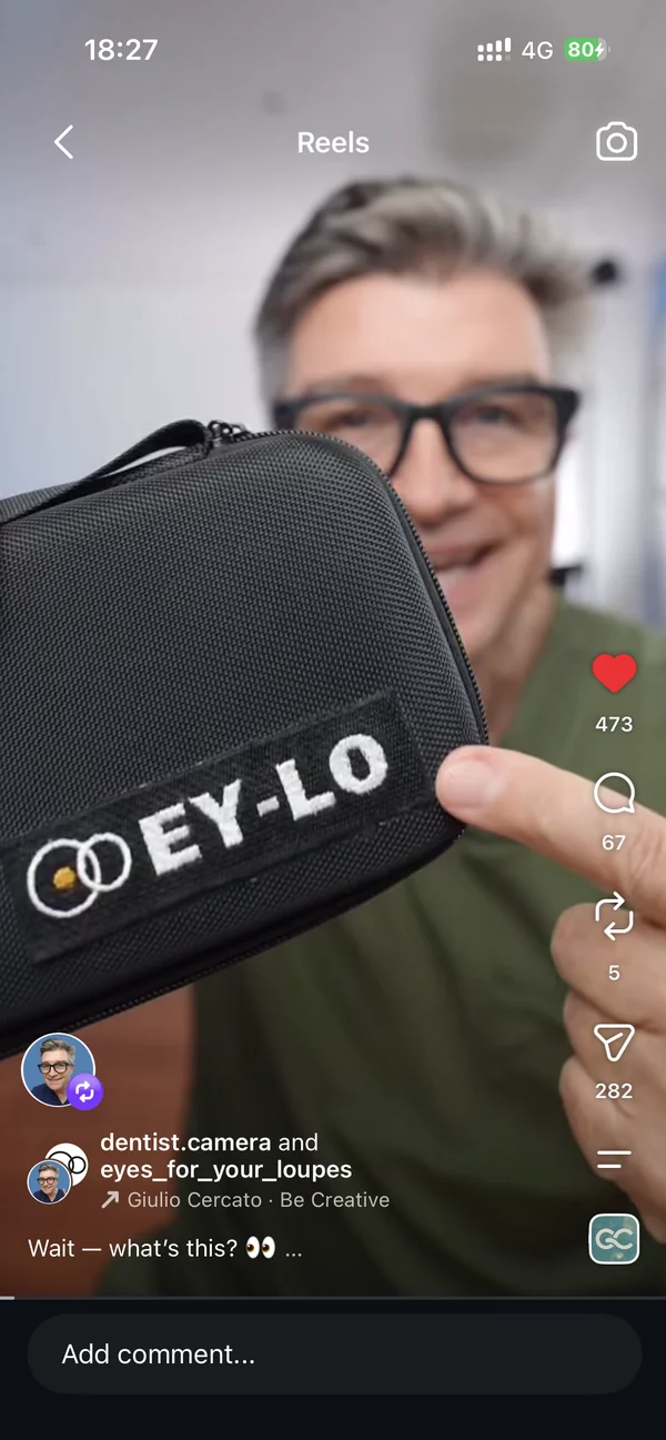 Instagram-Reel: ein Zahnarzt zeigt das EY-LO Hardcase mit dem Logo, 473 Likes